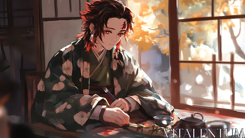 Autumn light on reflective samurai at traditional tea table.