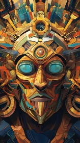 Cybernetic sun god mask with luminous teal eyes and crown.