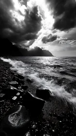 Storm-torn shoreline under a rift of blinding sea-light.