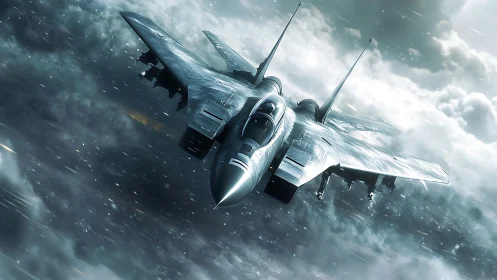 Twin‑engine combat jet rendered within dense storm clouds