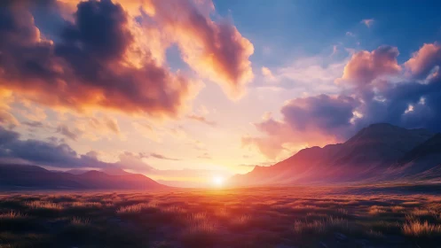 Digital landscape renders low sun over plains and mountains