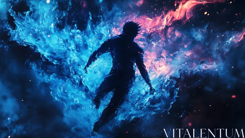 Mystical figure rising through swirling blue and crimson fire.