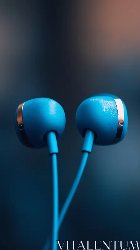 Blue wired earbuds hang in soft, moody studio light.