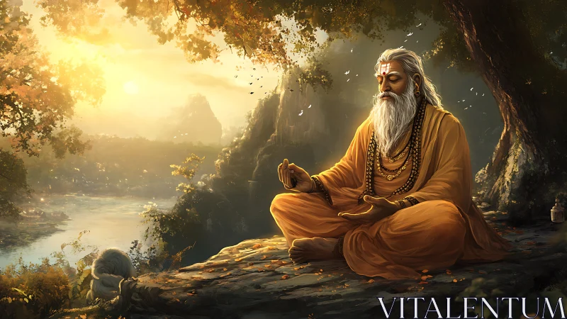 Sunlit yogi meditating on riverside cliff with atmospheric depth