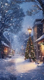 Snow-covered village street with decorated trees at night.