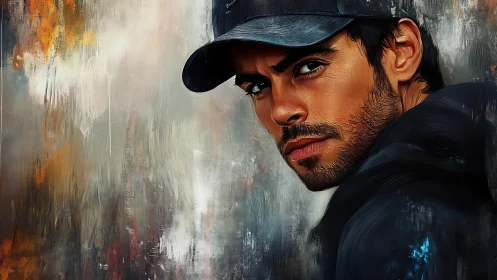 Quiet intensity in a modern portrait with painterly grit.