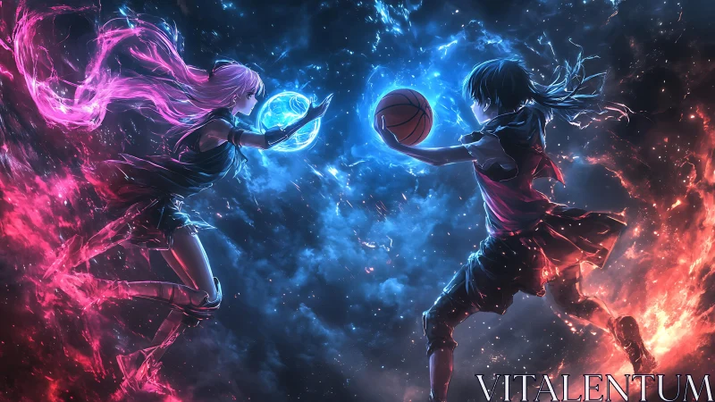 Dual elemental anime athletes suspended in cosmic confrontation