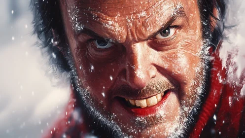 Close-up portrait shows intense snow-covered male face snarling