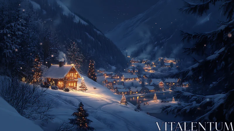 Snowy alpine village glows under deep winter night sky.