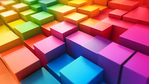 Rainbow city of cubes glowing with playful color depth.