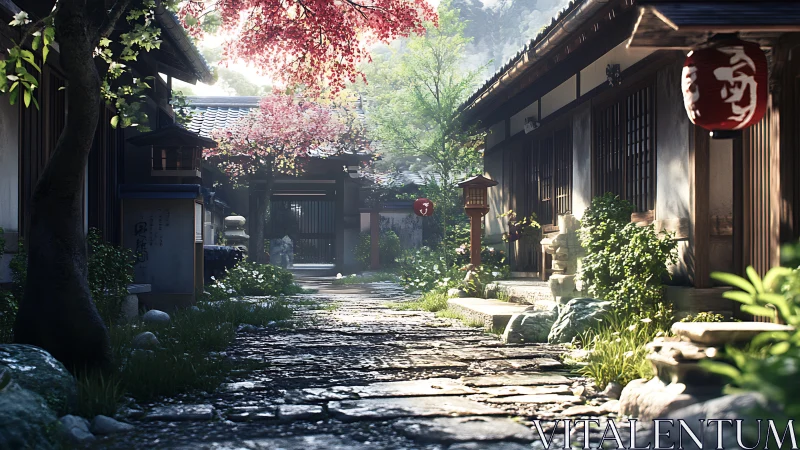 Sunlit stone alley in traditional Japanese courtyard with soft fog