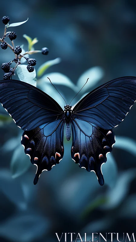 Butterfly rests near berries against softly blurred foliage