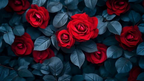 Crimson Roses Among Deep Teal Foliage.