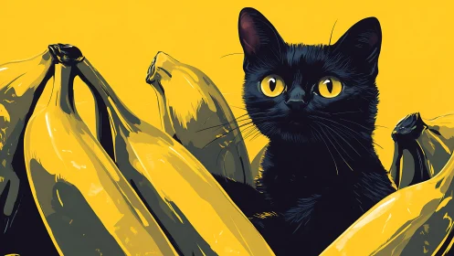 Chromatic vector portrait of black cat amid stylized bananas.