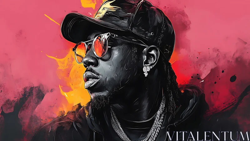 Digital portrait of man in cap with red abstract background.