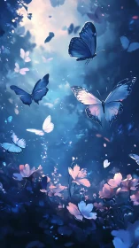 Nocturnal bioluminescent meadow with iridescent butterflies.