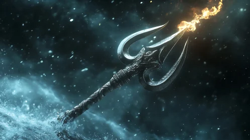 Flaming metallic trident rises from turbulent blue water