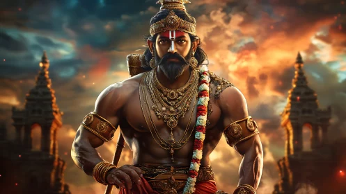 Digital warrior figure stands before temple structures at dusk