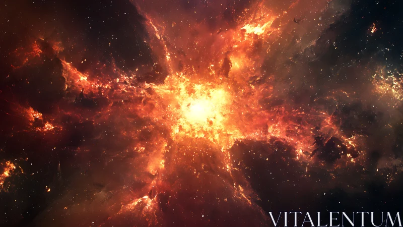 Fiery nebula bursts across a glowing, star-filled cosmic sky