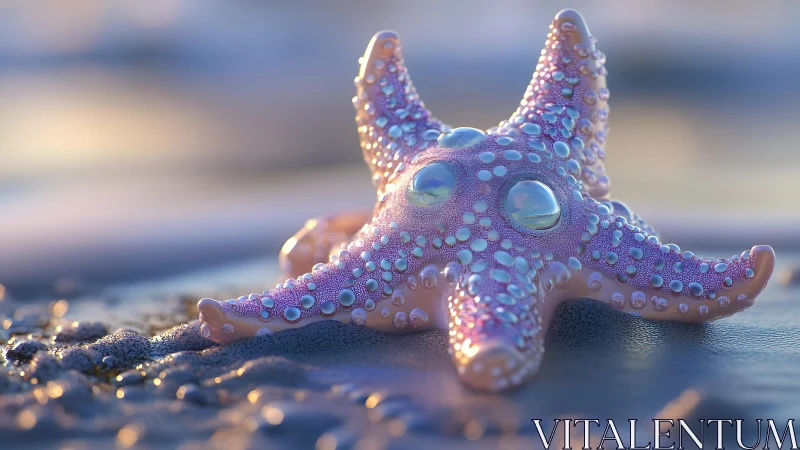 Fantasy starfish on beach at sunset in dreamy digital art style.