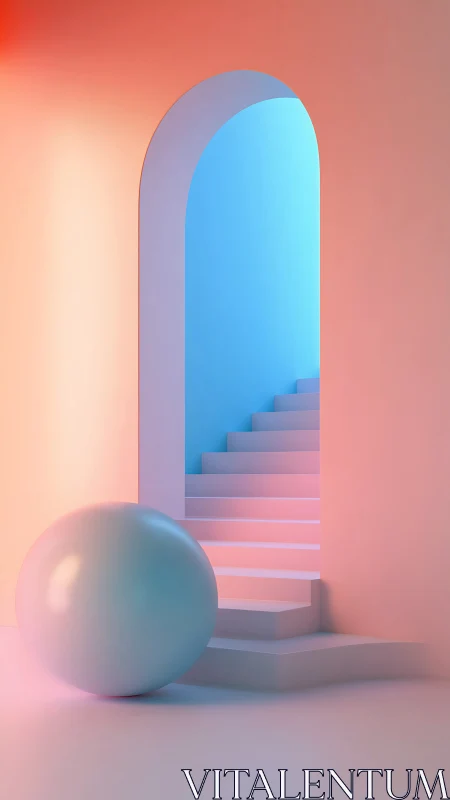 Minimalist 3D stair portal with pastel sphere and gradients.