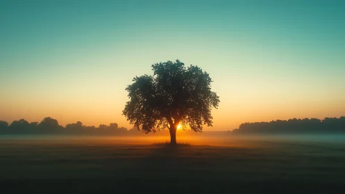 Solitary tree anchors a misty field at cinematic sunrise