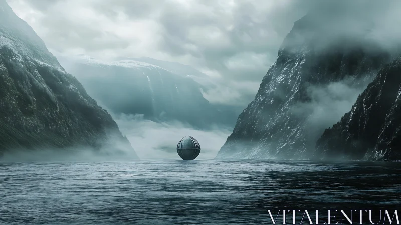 Futuristic metallic sphere floats in misty glacial fjord landscape