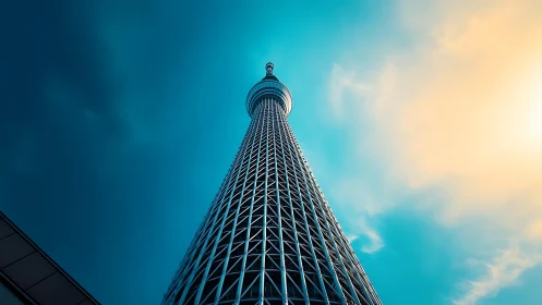Soaring city tower reaches calmly into the glowing sky