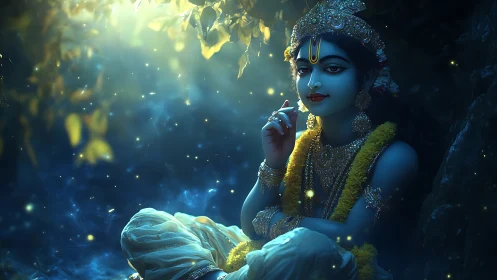 Gentle blue deity rests beneath glowing forest light