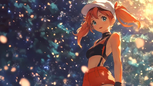 Anime girl under glowing evening sky with floating lights.