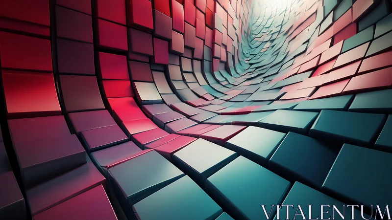 Abstract 3D Tunnel of Curved Cubes in Red and Teal Tones.