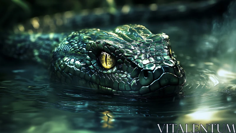 Gleaming emerald snake glides calmly through soft jungle water