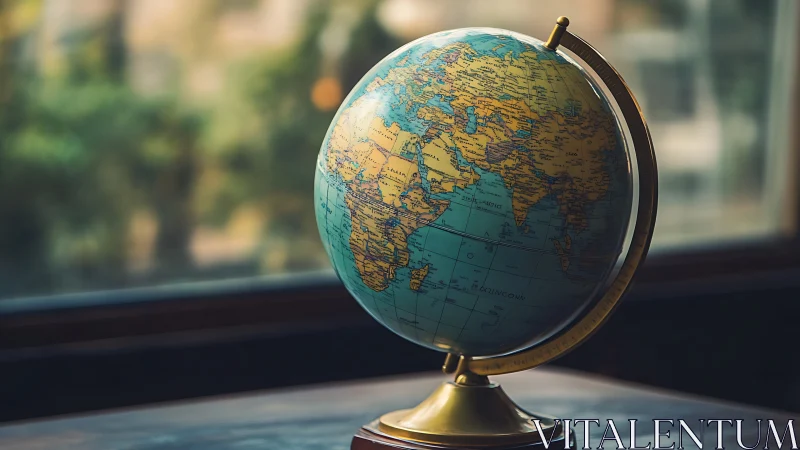 Desk globe showing Africa and Eurasia in soft daylight.