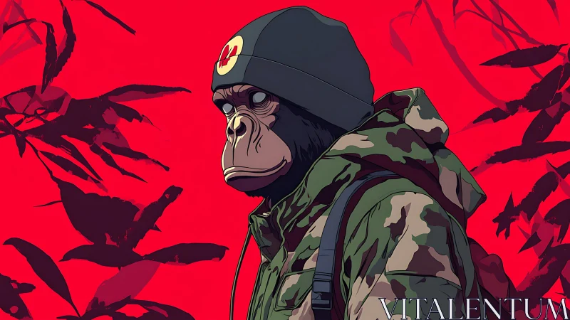 Militarized chimpanzee portrait in camo jacket on red field