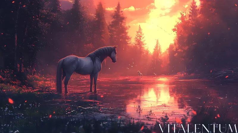 Equine silhouettes in volumetric sunset forest reflection.