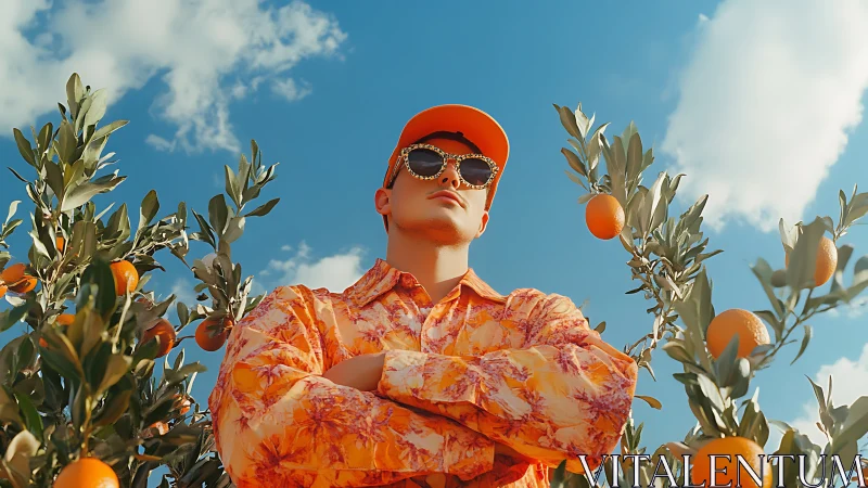 Confident man in orange outfit standing in citrus grove.