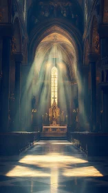 Sunlit cathedral nave where stained glass carves liquid gold.