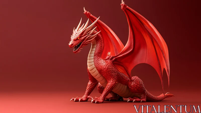 Crimson 3D dragon crouched in dramatic red studio light.