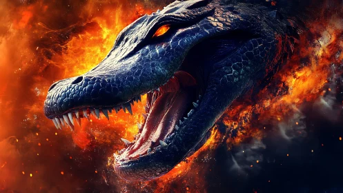 Digital dragon head rendered amid fire and smoke background