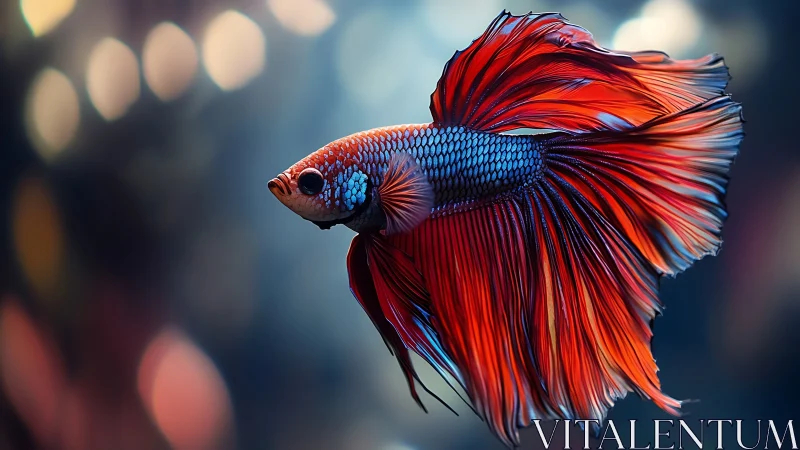 Vibrant betta fish with flowing red fins in bokeh water.