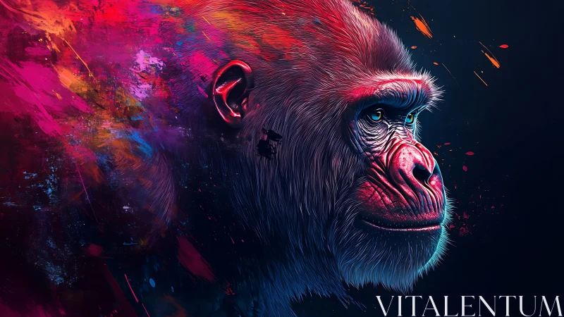 Gorilla portrait in neon color splashes on dark field.