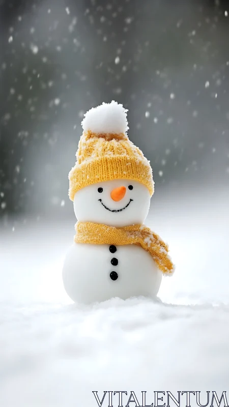 Cheerful little snowman in a cozy yellow winter outfit.