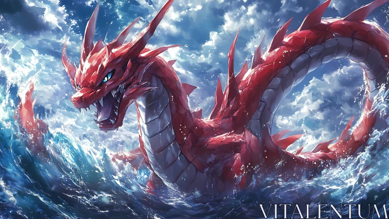 Roaring sea dragon rises in a storm of glittering waves