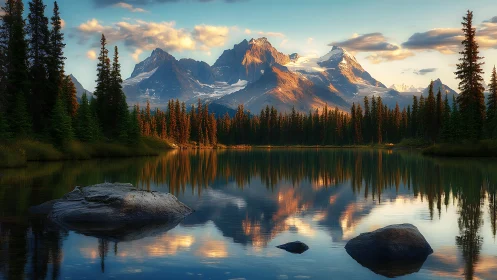 Sunlit alpine peaks reflect over tranquil evergreen lake.