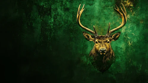 Emerald forest stag portrait crowned in golden antlers.