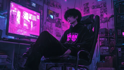 Neon gamer sanctuary in soft violet and electric blue glow.