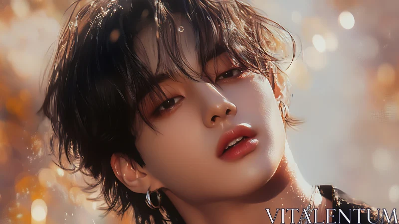 Digital portrait of wet-haired androgynous youth in bokeh light.