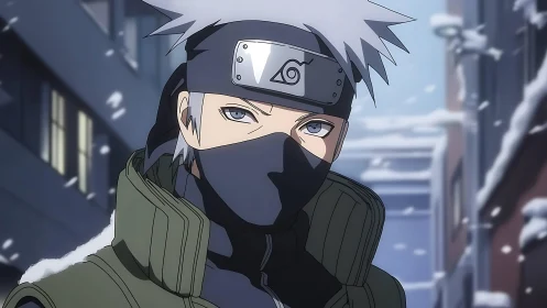 Masked silver-haired ninja in snowy urban alleyway portrait.