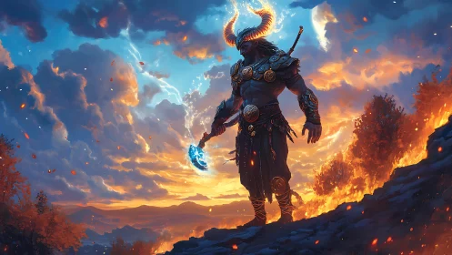 Horned warlord silhouette dominates lava ridge under charged sky