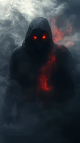 Hooded demonic figure with fiery red eyes in dense mist.